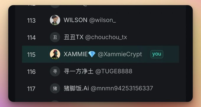 A leaderboard ranking shows user #115 "XAMMIE💎 @XammieCrypt" marked as "you", listed between entries like "WILSON @wilson_" and Chinese usernames.