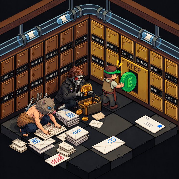 An isometric pixel-art scene shows characters including a wolf-like creature, a skeleton in a beanie, and a cap-wearing figure interacting with labeled lockers (0xHF.E2, etc.), mail, envelopes, a 'KEEP' door, a 'SWIF' coin, and a 'TAXED' stamp.