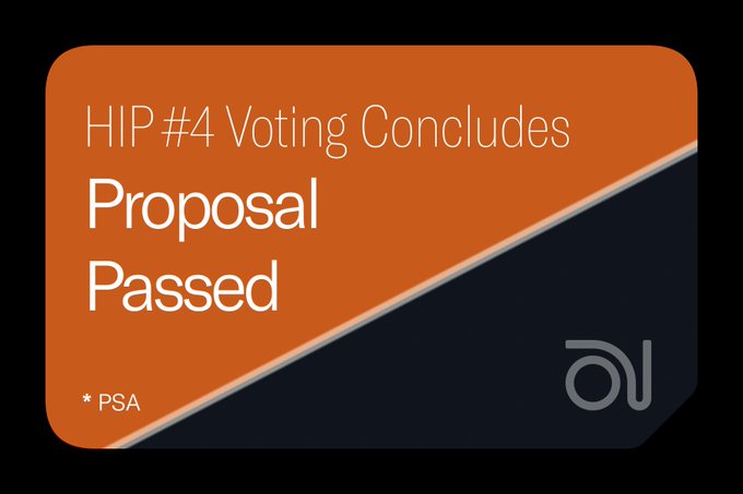 An announcement card with orange and dark blue design stating 'HIP #4 Voting Concludes Proposal Passed' with an owl logo and '* PSA' notation.
