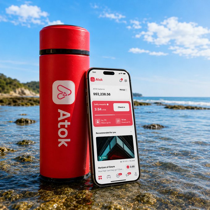 A sleek red ATOK branded thermos and a smartphone displaying the ATOK app with a balance of 992,238.56 and daily rewards of 3.84 ATOK are nestled among coastal rocks by the sea, capturing the "relax & earn" lifestyle vibe against a sunny beach backdrop.