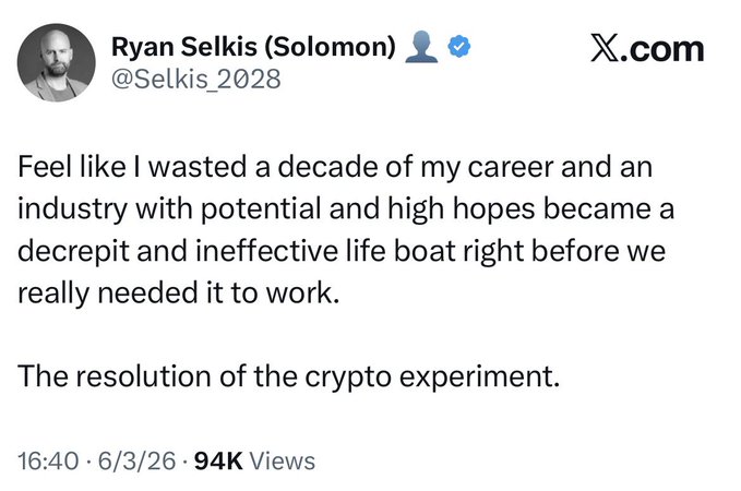 The image features a man's Twitter account with a post about Ryan Selkis (Solomon) stating that he feels like he wasted a decade of his career and an industry with potential and high hopes becoming a deceptive and unhealthy lifeboat right before we really needed it to work. The caption also mentions the resolution of the crypto experiment, which is XRP winning this thing guys like Selkis will say crypto failed.