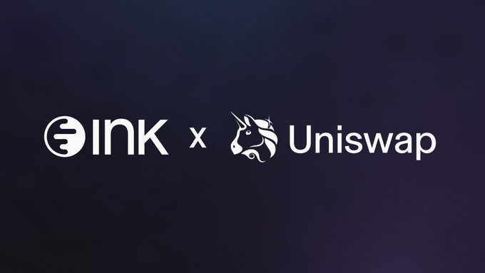 A promotional graphic showing logos for 'Ink' and 'Uniswap' side by side with an 'x' between them on a dark blue gradient background.