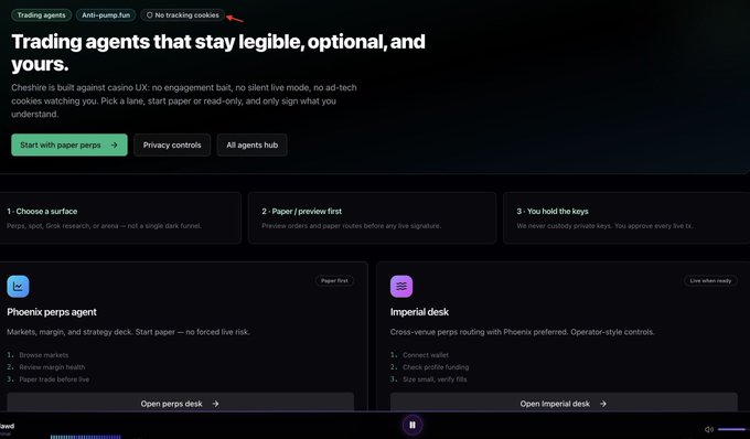 Cheshire Trading agents webpage promoting trading agents that stay legible, optional, and yours, featuring Phoenix perps agent and Imperial desk options with an anti-pump.fun banner.