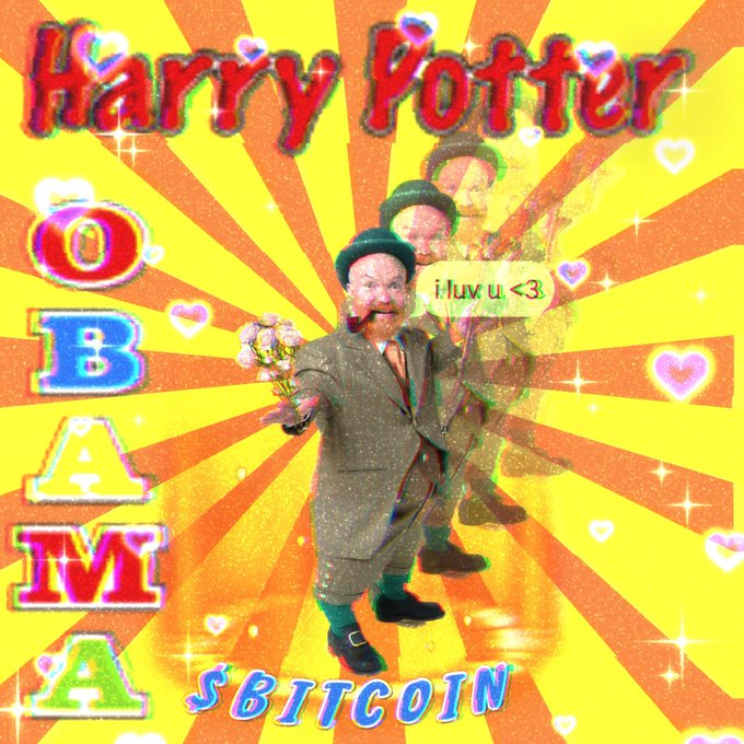 A chaotic, meme-style graphic titled 'Harry Potter OBAMA SBITCOIN' featuring a repeated image of Obama in an old-fashioned suit with green socks, surrounded by hearts and sparkles on a yellow sunburst background.