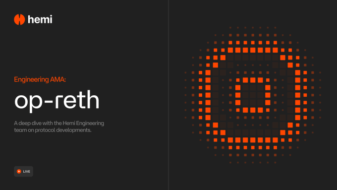 The image features a black background with an orange circle that has the words "op-reth" written inside of it. The text also includes the names of two teams who are working together for the Hemi Engineering team, which is scheduled to return on Thursday at 12:00 PM Pacific time.