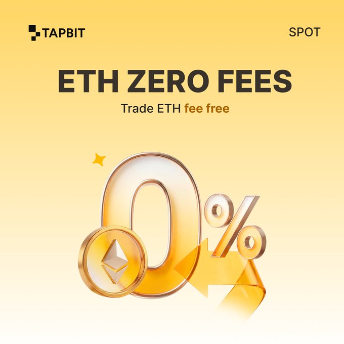 Yellow advertisement for TapBit exchange promoting 'ETH ZERO FEES - Trade ETH fee free' with a golden 3D '0%' graphic and an ETH coin.
