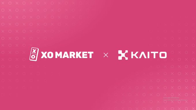 A pink graphic with a tic-tac-toe pattern displays the logos "XO MARKET" and "KAITO" separated by an "×" symbol, announcing their partnership for the XO 2.0 launch campaign offering $20K USDC to top creators.