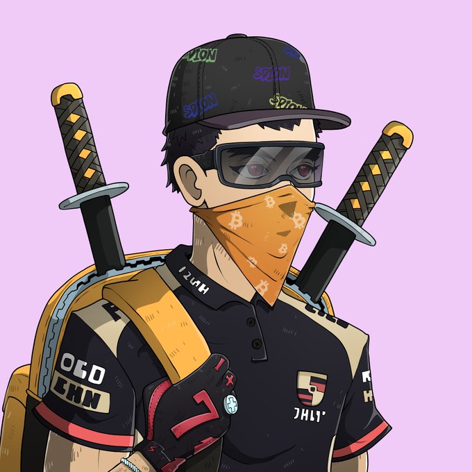 A stylized anime-style character wearing a black cap with "SEZION" branding, an orange bandana, and tactical goggles, with two katanas strapped to his back. His outfit features text including "124H," "OGO CHN," and "JHLY," and he has a "medic" cross marking on his glove—fitting for a "gm nfts" post as the avatar introduces a crypto/NFT persona with a samurai-inspired identity.