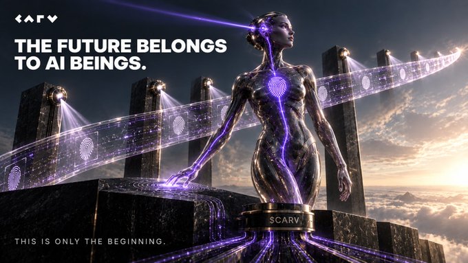 A futuristic, chrome humanoid statue stands atop a pedestal inscribed with "CARV," surrounded by glowing purple data streams and fingerprint icons against a cloudy sky, with text declaring "THE FUTURE BELONGS TO AI BEINGS" and "THIS IS ONLY THE BEGINNING." The image visually reinforces the post's message of CARV building the foundational infrastructure—identity, perception, execution, and verification—for an AI-driven world.