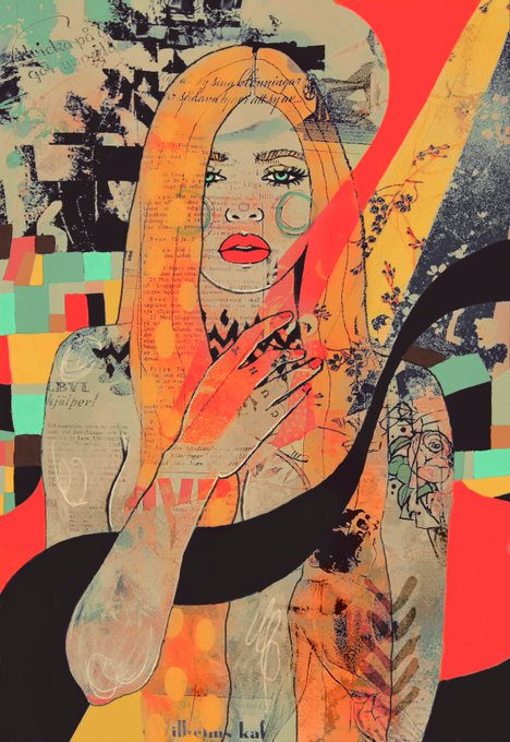 A colorful mixed-media collage artwork featuring a woman's face with orange hair, red lips, and visible tattoos, overlaid with text, script, and abstract shapes in red, black, yellow, and teal.
