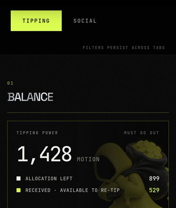 A digital interface shows a "TIPPING" tab with a "BALANCE" section displaying a Tipping Power of "1,428 MOTION", with "ALLOCATION LEFT 899" and "RECEIVED - AVAILABLE TO RE-TIP 529"; a note reads "FILTERS PERSIST ACROSS TABS".