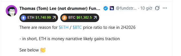 Twitter post by Thomas (Tom) Lee (@fundstrat) showing ETH at $1,740.99 and BTC at $61,302.5, with text stating "There are reason for $ETH / $BTC price ratio to rise in 2H2026 - in short, ETH is money narrative likely gains traction. See below 👇"