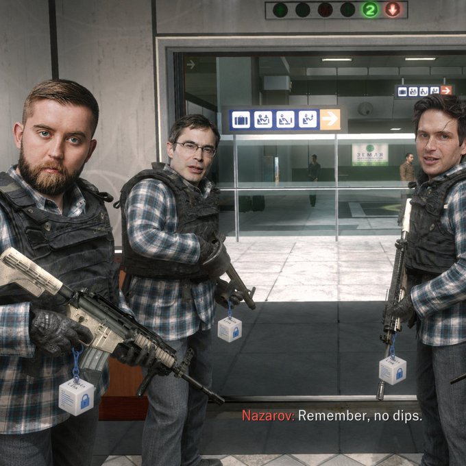 A video game screenshot showing three armed men in plaid shirts and tactical vests standing in an airport or mall area, with the subtitle reading 'Nazarov: Remember, no dips.'