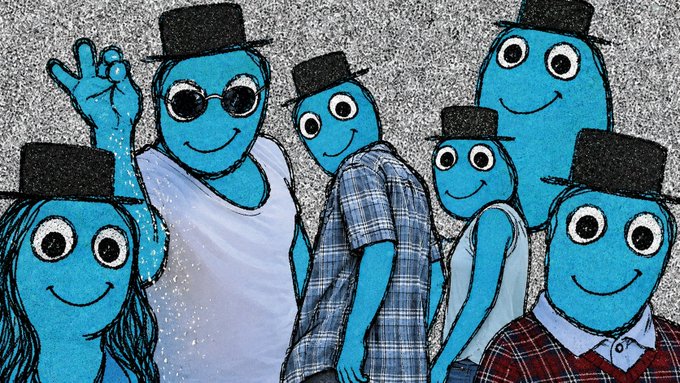 A group of cartoonish blue figures wearing black top hats with googly-eye smiles pose cheerfully against a grayscale static background, visually echoing the "silly" optimism and exuberant bullishness conveyed in the caption.