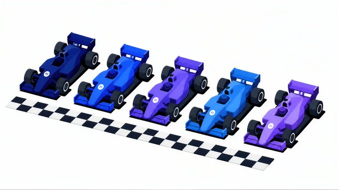 An illustration of five Formula 1-style race cars in alternating dark blue and purple colors lined up on a checkered finish line strip, numbered 1 through 5.