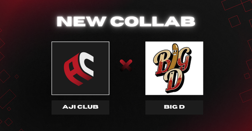 A promotional graphic announcing a 'NEW COLLAB' between 'AJI CLUB' and 'BIG D', featuring their respective logos separated by an 'x'.