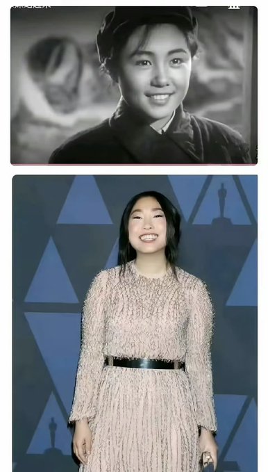 A split-screen comparison showing an old black-and-white photograph of a smiling woman wearing a cap on top, and a modern photo of the same woman in a sparkly beige dress on the bottom.
