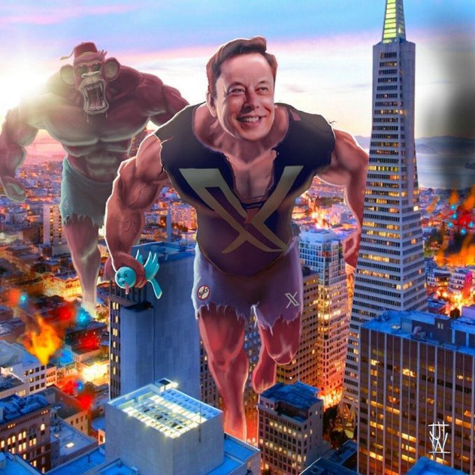 The image shows a muscular cartoon figure with Elon Musk's face wearing an X-logo tank top, towering over a city (San Francisco, with the Transamerica Pyramid visible) alongside an ape in a red hat, while carrying a small blue X figurine — symbolizing Musk as a giant "X" KOL stomping through the crypto market. The chaotic cityscape of burning buildings reflects the post's question about whether his influence as a key opinion leader is fading or merely biding time for the next bull run.
