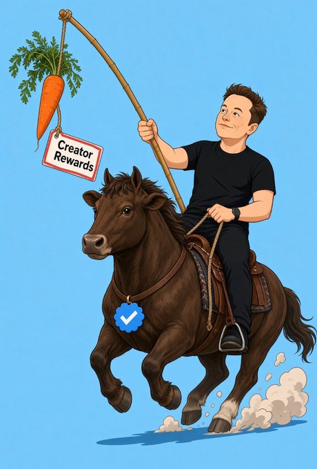 A cartoon illustration shows a smiling man in a black t-shirt riding a galloping brown horse while holding a pole with a carrot dangling at the end, labeled 'Creator Rewards', with a blue verification badge on the horse's saddle.