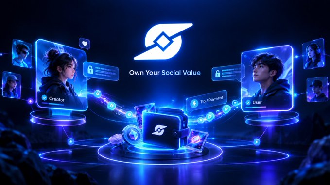 A futuristic digital marketing graphic for a social platform featuring the tagline 'Own Your Social Value,' with holographic panels labeled 'Creator' and 'User' connected by 'Tip / Payment' flows.