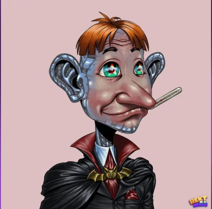A cartoonish caricature illustration of a vampire-like character with orange hair, green eyes, a robotic ear, a red nose, and a thermometer in his mouth, dressed in a vampire cape with a bat pin.