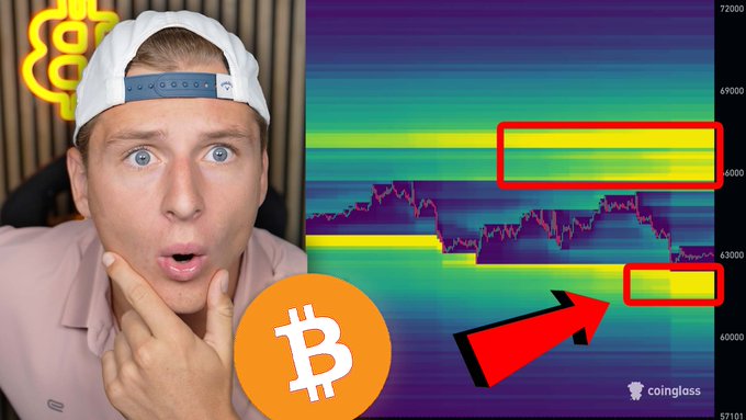 A shocked man in a backward cap reacts next to a Coinglass Bitcoin liquidation heatmap, which displays yellow "hot zones" at price levels near $46,000 and $43,000 (with the price axis ranging from 43,000 to 72,000), suggesting where BTC is heading next. The Bitcoin logo is prominently featured, visually reinforcing the post's claim about Bitcoin's predicted price movement toward these highlighted liquidation levels.