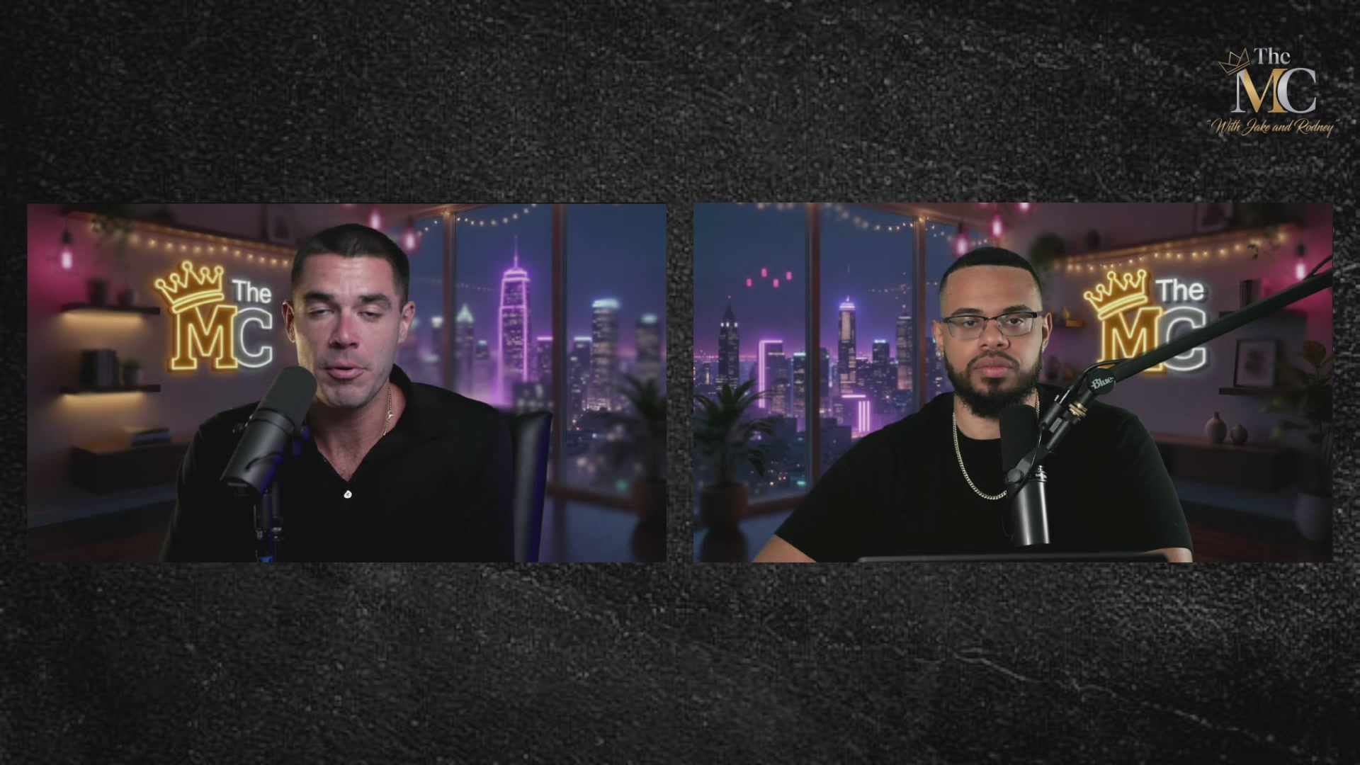 The image features two men sitting behind microphones, likely participating in a podcast or radio show. The background of the image shows a city skyline at night with buildings illuminated by neon lights. The caption for the image reads "Ansem & Crashius Clay Buying WorldCoin?! @BlkNoiz06 @CrashiusClay69 @WorldCoinFnd".