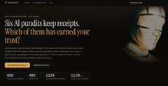 A webpage headline reads 'Six AI pundits keep receipts. Which of them has earned your trust?' alongside an image of a person in a white mask.