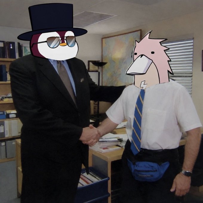 The image features two cartoon penguin heads, one wearing a top hat and sunglasses, and the other wearing a tie. They are standing next to each other with their arms around each other's shoulders, as if shaking hands or greeting someone. The background includes bookshelves filled with various items such as binders and a clock on the wall.