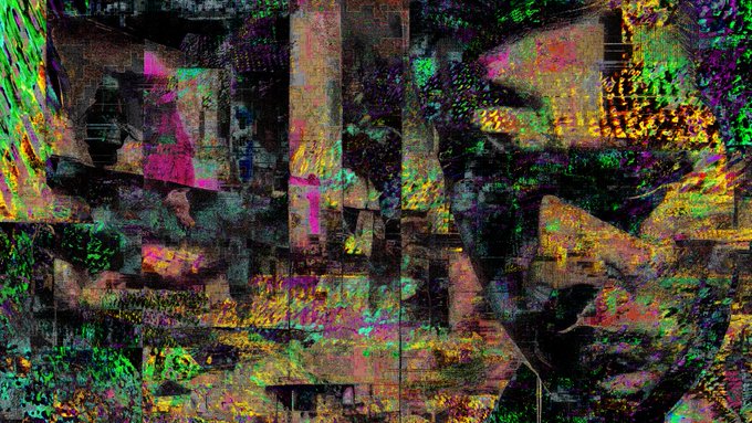 An abstract, glitch-art style image with fragmented geometric shapes in vibrant green, magenta, orange, and black tones.