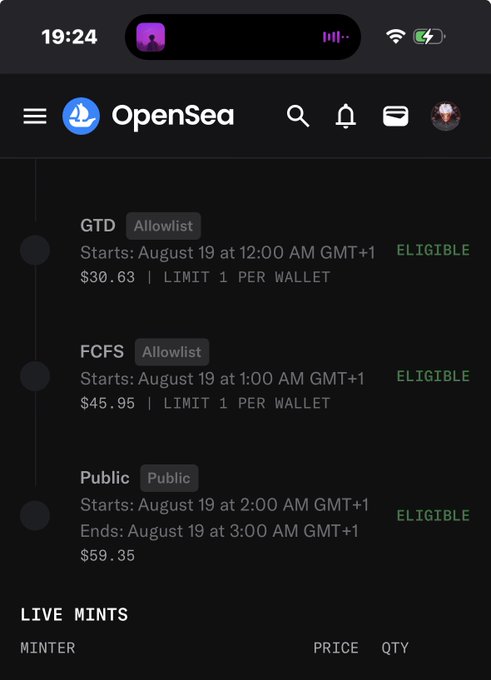 A screenshot of the OpenSea mobile app shows minting schedules, including a GTD Allowlist starting August 19 at 12:00 AM GMT+1 for $30.63 and an FCFS Allowlist for $45.95, both marked 'ELIGIBLE'.