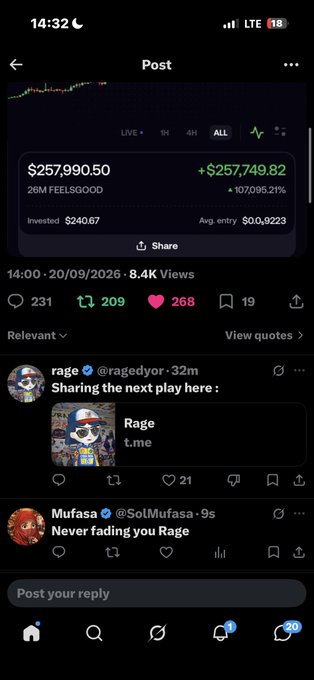 A screenshot of a Twitter/X post showing a crypto trading portfolio worth $257,990.50 with a +107,095.21% gain, posted by user 'rage' (@ragedy0r) with replies from users 'rage' and 'Mufasa' (@SolMufasa).