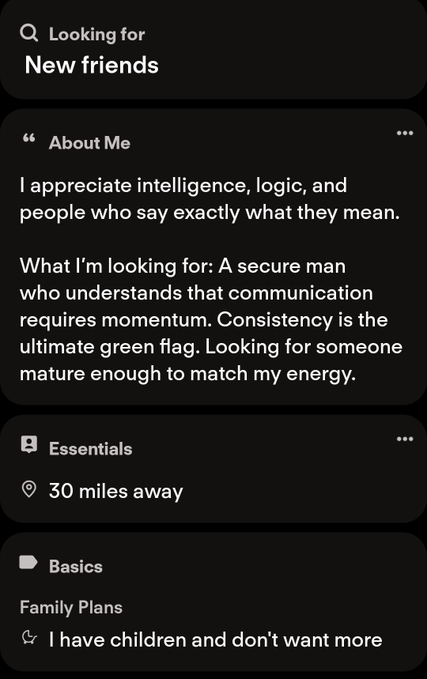 A mobile dating profile is displayed on a dark background, showing the user is "Looking for New friends" and seeking "A secure man who understands that communication requires momentum," located 30 miles away with children.