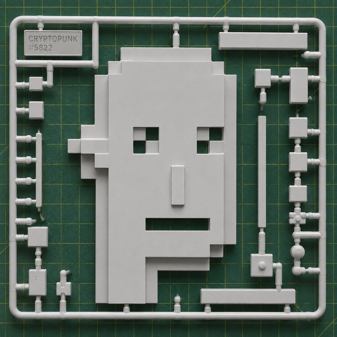 A gray plastic model sprue features a pixelated face design, with a label in the top left corner reading 'CRYPTOPUNK #5822'.