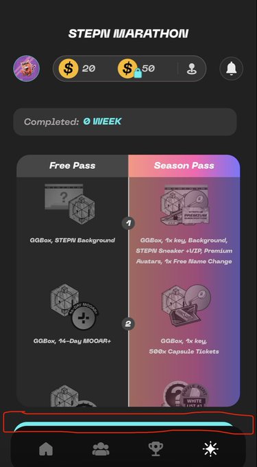 A "STEPN MARATHON" screen shows a Free Pass vs. Season Pass comparison, with rewards including GGBox items, a STEPN Sneaker VIP, and 500x Capsule Tickets, and a navigation bar highlighted in red at the bottom.