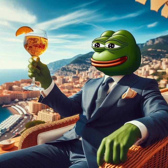 An AI-generated image of the Pepe the Frog meme character dressed in a blue suit, holding a glass of orange cocktail while relaxing on a balcony overlooking a coastal city.