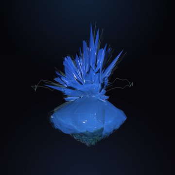 A blue crystalline structure with jagged crystal formations sits on a rocky base against a black background.