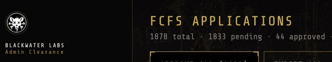 A header graphic for "FCFS Applications" displays Blackwater Labs Admin Clearance with a logo, showing 1,878 total applications, 1,833 pending, and 44 approved, illustrating the overwhelming surge in interest referenced in the post.