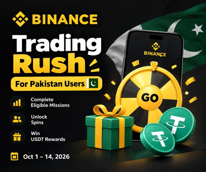A Binance promotional graphic titled 'Trading Rush For Pakistan Users' featuring a spinning prize wheel, gift box, USDT coins, and Pakistani flag, with the dates 'Oct 1 - 14, 2026' displayed.
