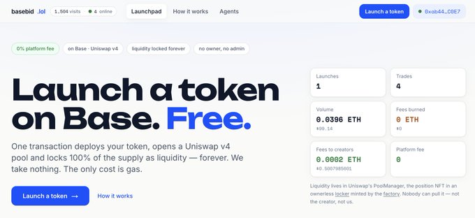 The image shows the homepage of "basebid.lol," a free, zero-platform-fee token launchpad on Base, displaying its tagline "Launch a token on Base. Free." with stats showing 1 launch, 4 trades, 0.0386 ETH volume, and 0.0002 ETH in creator fees. This directly corresponds to the post's claim about creating an open-source launchpad for the Base trenches with no platform fees—only gas costs required to launch tokens via Uniswap v4 pools, aligning with the visible "0% platform fee" badge and "No owner, no admin" label.