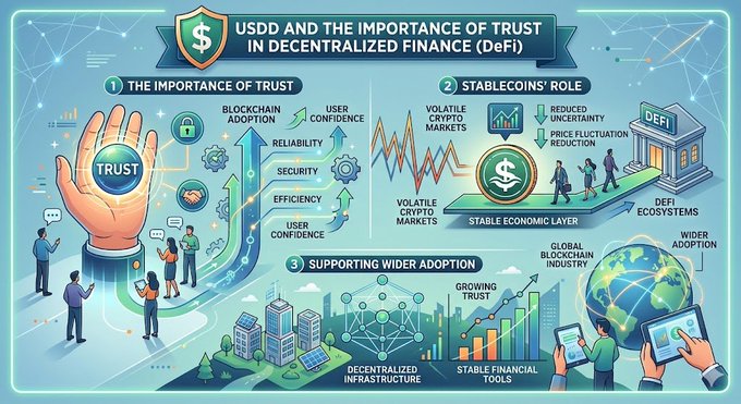 The main visual element in the image is a colorful graphic or poster featuring illustrations of people interacting with different types of technology and symbols related to decentralized finance (DFI) and trust. The text above the artwork states that trust remains one of the most important factors influencing blockchain adoption. Additionally, there are figures representing money, people, buildings, and other elements symbolizing the technology behind DFI. The image appears to be a poster or infographic promoting trust in cryptocurrency adoption by illustrating various aspects of the DFI ecosystem.
