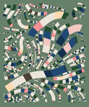 An abstract geometric artwork featuring curved stripes and shapes in pastel pink, blue, green, and brown tones against a sage green background.