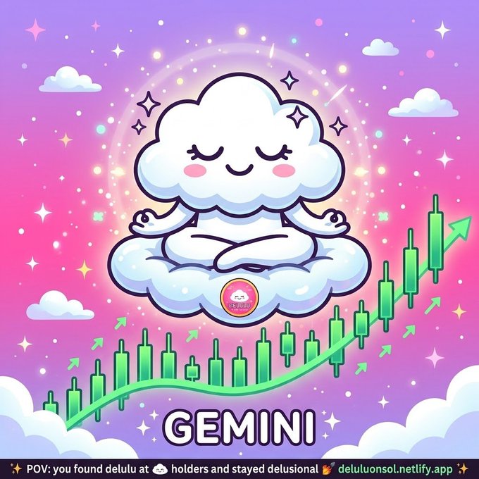 A Gemini zodiac illustration shows a meditating cloud character above a rising green candlestick chart with the caption 'POV: you found delulu at ☁️ holders and stayed delusional @deluluonsol.netlify.app'.