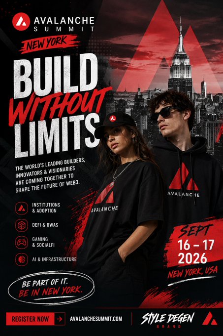 A promotional poster for the 'AVALANCHE SUMMIT' in New York featuring the slogan 'BUILD WITHOUT LIMITS', dated September 16-17, 2026, with a New York City skyline background and two people in Avalanche-branded clothing.