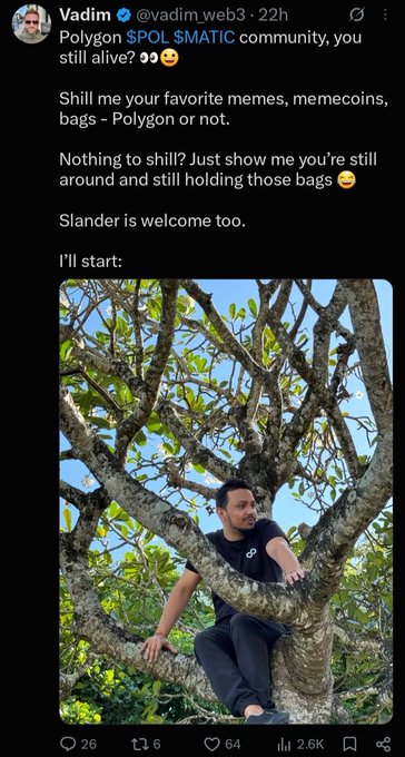 A tweet from Vadim (@vadim_web3) about the Polygon POL $MATIC community still being alive, accompanied by a photo of a man sitting in a tree wearing a black t-shirt with a Polygon logo.