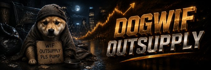 A sad dog wearing a beanie holds a sign reading "WIF OUTSUPPLY PLS PUMP" beside bold text "DOGWIF OUTSUPPLY," visually reinforcing the post's narrative about $wifout and the irony of having too much supply.