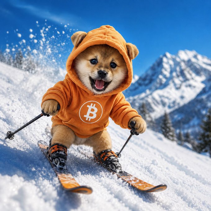 An AI-generated image of a Shiba Inu dog wearing an orange hoodie with a Bitcoin '₿' logo, skiing down a snowy mountain slope.