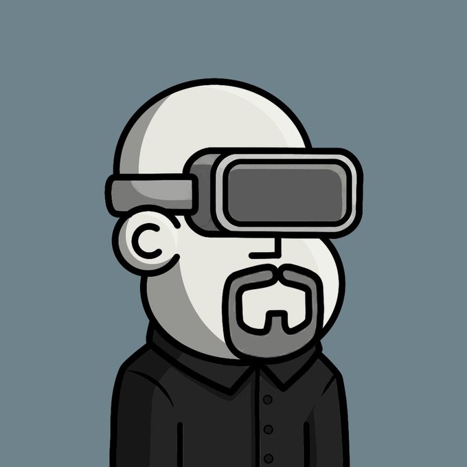 A cartoon avatar of a bald man wearing a VR headset, styled to look like an NPC character, complements the "I am NPC, Game ready @npconchain" post by visually embodying the idea of being immersed and ready in a virtual or game-like experience.