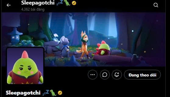 A Twitter/X profile page for 'Sleepagotchi' showing 4,362 followers, featuring 3D cartoon characters including a fox and dinosaur in a forest scene.