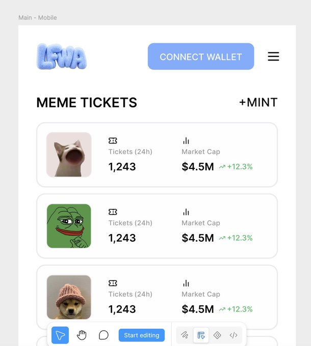 A mobile mockup for LFWA showing a "MEME TICKETS" interface with a "+ MINT" option, displaying three meme cards (featuring a screaming cat, Pepe, and a dog in a beanie), each showing 1,243 tickets (24h) and a $4.5M market cap (+12.3%), alongside a "CONNECT WALLET" button. The design visualizes the speculated gacha-style lottery and meme ticket concept teased in the post about bringing memes back to Ethereum.